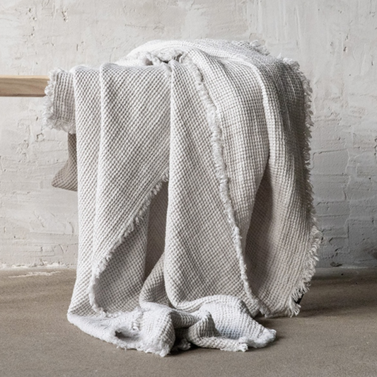 Silver Linen Throw with Fringes Washed Waffle